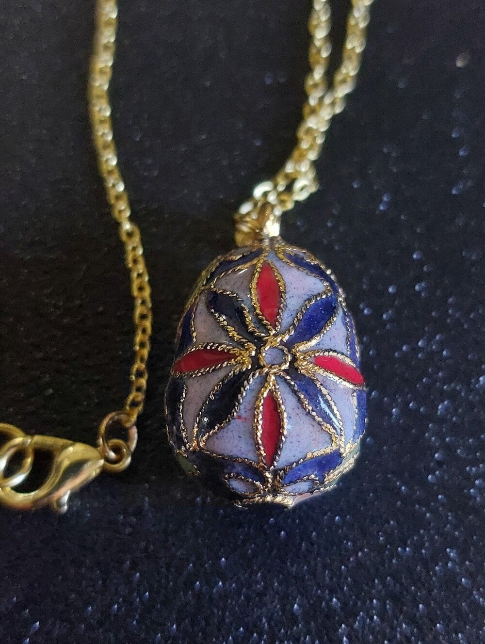Vintage Estate Cloisonné Floral Egg Pendant Necklace w/new 18" Gold Tone Chain